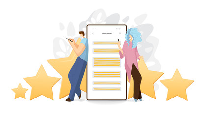 Feedback, survey vector flat concept with people, man and woman sitting on big rating stars, writing reviews and making comments about service or product. Rate Evaluation and testimonial, customer