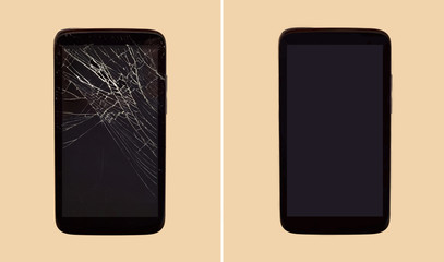 Smartphone before and after repairing broken display 