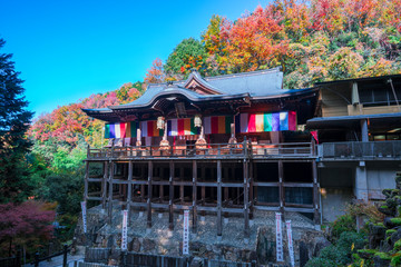 京都　狸谷山不動院（たぬきだにさんふどういん）の本堂と紅葉　　