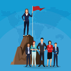 Fototapeta premium businesswoman on mountain with flag and people team success start up business