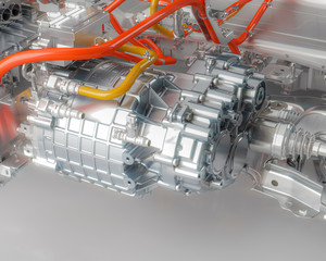 electric motor in a car close up of modern vehicle chassis x-ray  in studio environment line art 3d render