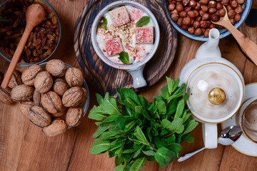 Traditional Georgian sweets and desserts. Baklava, nakhini, khinkali, matzoon, churchkhela, shotis puri or shoti