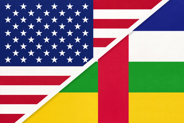USA vs Central Africa national flag from textile. Relationship between two american and african countries.