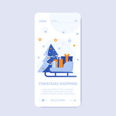 Template for shopping online with mobile phone. Happy New Year and Merry Christmas sale concept with gifts, shopping bags, decorations and snow. Vector holiday banner