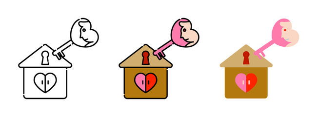 home with key heart-shaped icon set isolated on white background for web design,Valentine day concept