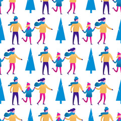 Fototapeta na wymiar Seamless pattern with Winter landscape and small people, men and women, children and couple. Vector scene with skiing, skating. Flat characters do sports. Christmas design for greeting card, textile