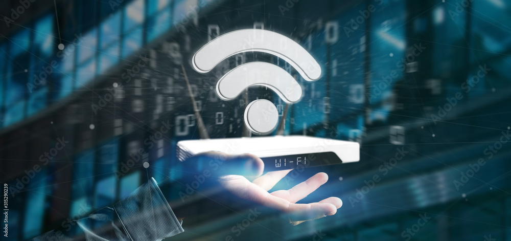 Aufkleber businessman holding a wifi router and data - 3d rendering