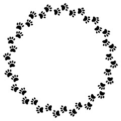 Paw prints black silhouette wreath ornament design. Animal hand drawn childish image of a paw prints in a circle © Olga