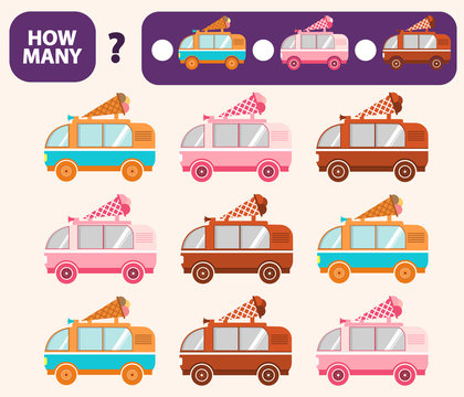 Count how many  the van with ice cream is educational game. Maths task development of logical thinking of children.Counting  street food car games for preschool  kids.Flat vector.