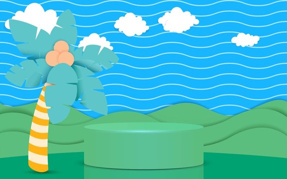 green podium with landscape of green mountain 