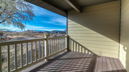 Panorama Wooden patio deck overlooking countryside day light