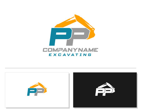 Initial P PP excavator logo concept vector with arm excavator template vector.
