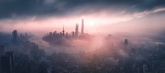 Fotobehang Panoramisch uitzicht op de skyline van Shanghai © powerstock