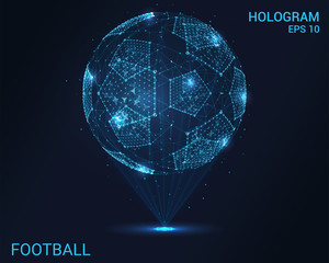 Hologram football. Holographic projection of a soccer ball. Flickering energy flux of particles. The scientific design of the sport.