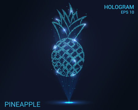 Hologram pineapple. Holographic projection of pineapple. Flickering energy flux of particles. Scientific food design.