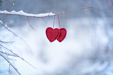 two red hearts hanging on a branch in the winter forest, vintage hearts made of wool - a symbol of love