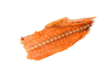 Hot smoked salmon trim and leftovers with bones and fins isolated on white background.