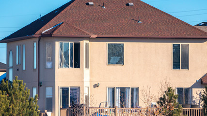 Panorama frame Two storey American house on sunny winter day