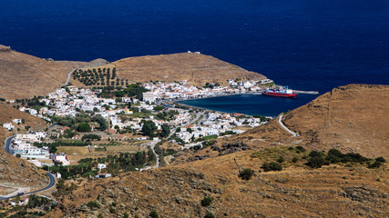 High angle view of the port of Kea Island, Korissia, in Cyclades, Greece.