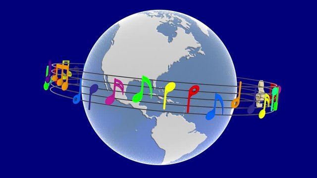 Animazione illustrazione 3D. Pentagramma musicale ruota attorno al mondo. Sullo sfondo l'universo costellato di note musicali..