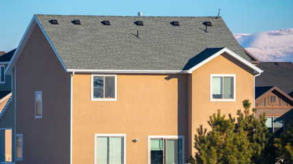 Panorama American two story house with white fencing