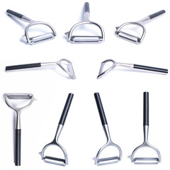 Vegetable peeler metal isolated in different poses on white background