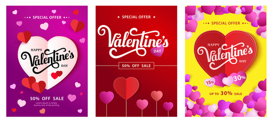 Set Design Poster with lettering Happy Valentine s Day. Up to 30 sale. Paper heart on a bright background with small pink hearts. Vector illustration.