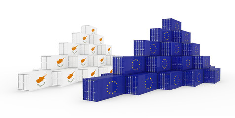 3D Illustration of Cargo Container with Cyprus Flag on white background with shadows. Delivery, transportation, shipping freight transportation.