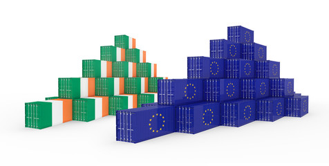 3D Illustration of Cargo Container with Ireland Flag on white background with shadows. Delivery, transportation, shipping freight transportation.