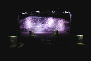 Colombia. An unusual church near Bogotá in a salt grotto. The symbol of the cross in various...