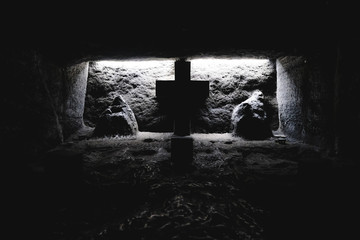 Colombia. An unusual church near Bogotá in a salt grotto. The symbol of the cross in various...
