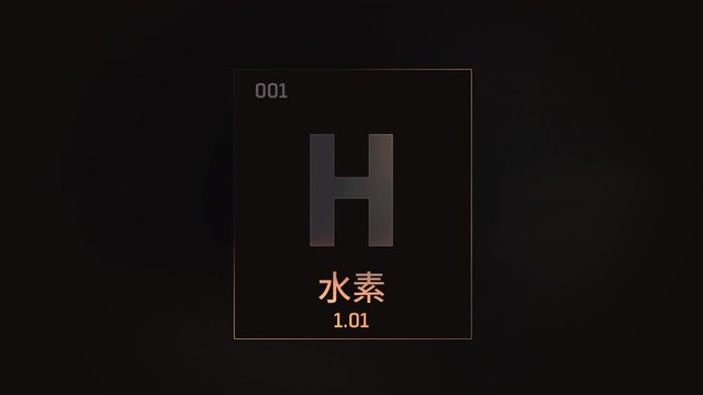 Hydrogen as Element 1 of the Periodic Table. Seamlessly looping 3D animation on grey illuminated atom design background orbiting electrons name, atomic weight element number in Japanese language