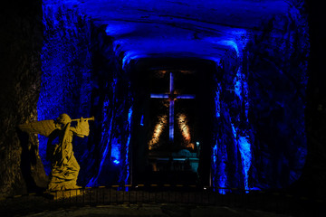 Colombia. An unusual church near Bogotá in a salt grotto. The symbol of the cross in various...