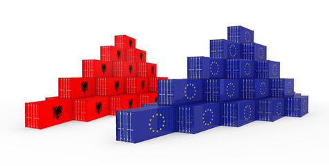3D Illustration of Cargo Container with Albania Flag on white background with shadows. Delivery, transportation, shipping freight transportation.