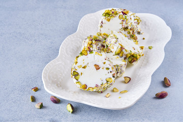 Traditional arabic ice cream with pistachio  booza.   Close up   