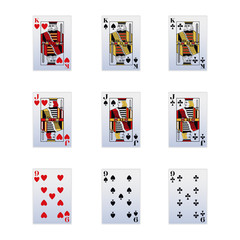 King, jack and nine of hearts, spades and club gambling cards icon set