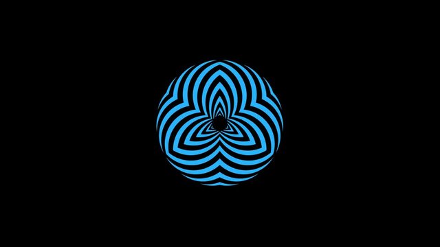 Colored graphic object that rotates clockwise in the center, varying in size, on a background with a hypnotic, psychedelic and stroboscopic effect, in 16: 9 video format.