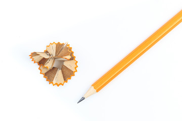 Sharpened wooden yellow graphite pencil with shaving - Image