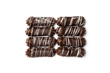 Shortbread cookies with caramel in chocolate glaze isolated on white background.