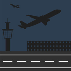 Fototapeta na wymiar Airplanes fly at the airport. Silhouettes of liners, vector illustration flat design