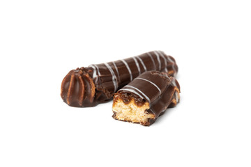 Shortbread cookies with caramel in chocolate glaze isolated on white background.