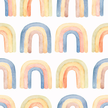 Watercolor nursery boho raindow pattern in neutral decicate blue, yellow, pink, orange and green colors. Kids digital paper, baby boy and girl rainbow background. Magic unicorn rainbows wallpaper.