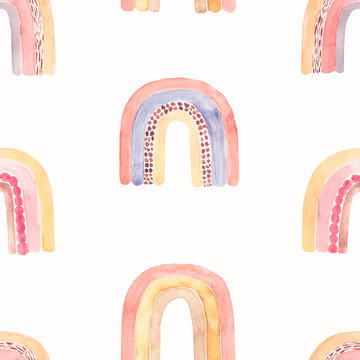 Watercolor nursery boho raindow pattern in neutral decicate blue, yellow, pink, orange and green colors. Kids digital paper, baby boy and girl rainbow background. Magic unicorn rainbows wallpaper.