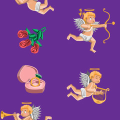 Seamless pattern with boys cupids ring heart flowers on purple background. Valentine s day. Cartoon. Vector image