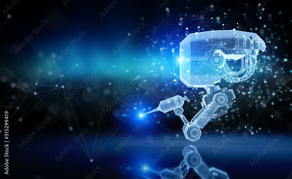 Poster futuristic nanorobot holographic projection on blue background 3d rendering