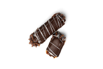 Shortbread cookies with caramel in chocolate glaze isolated on white background.