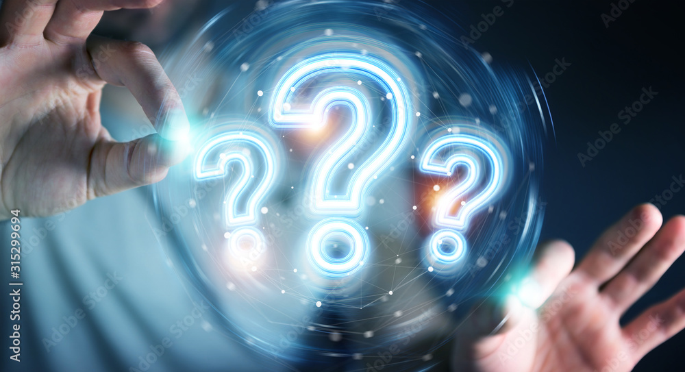 Fototapete Man using digital question marks holographic interface 3D rendering