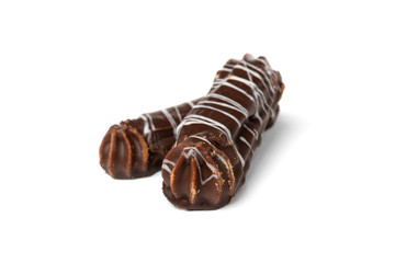 Shortbread cookies with caramel in chocolate glaze isolated on white background.