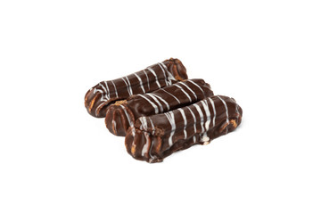 Shortbread cookies with caramel in chocolate glaze isolated on white background.