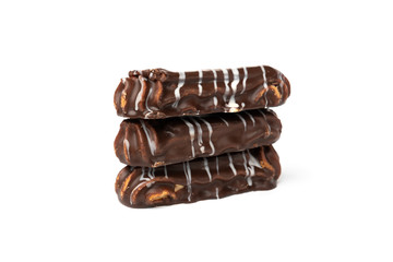 Shortbread cookies with caramel in chocolate glaze isolated on white background.
